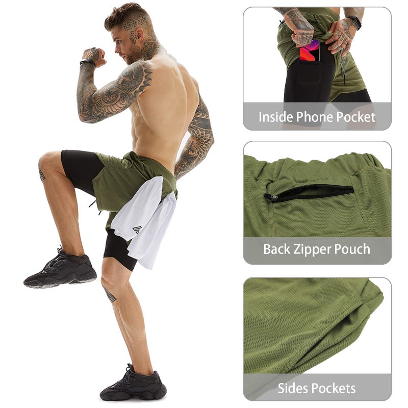 OEBLD Mens Athletic Shorts 2-in-1 Jogger Workout Running Shorts with Towel Loop Army Green - Image 4